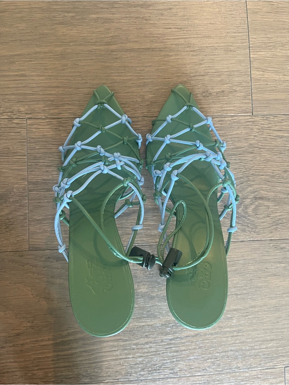 Gia Borghini Gia 11 Green and Blue Knotted Strap Mules